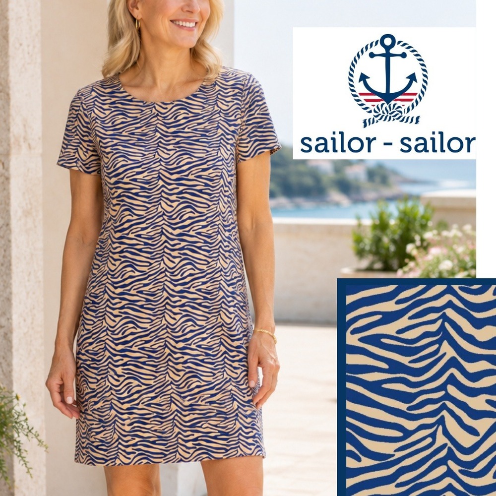 NWT, Sailor Sailor, Marina Dress Blue Tan Zebra Print Shift Dress Size Large